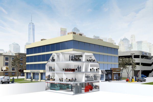 A 3D render of a corporate building, with a rendering of a corporate building's interior superimposed in the foreground