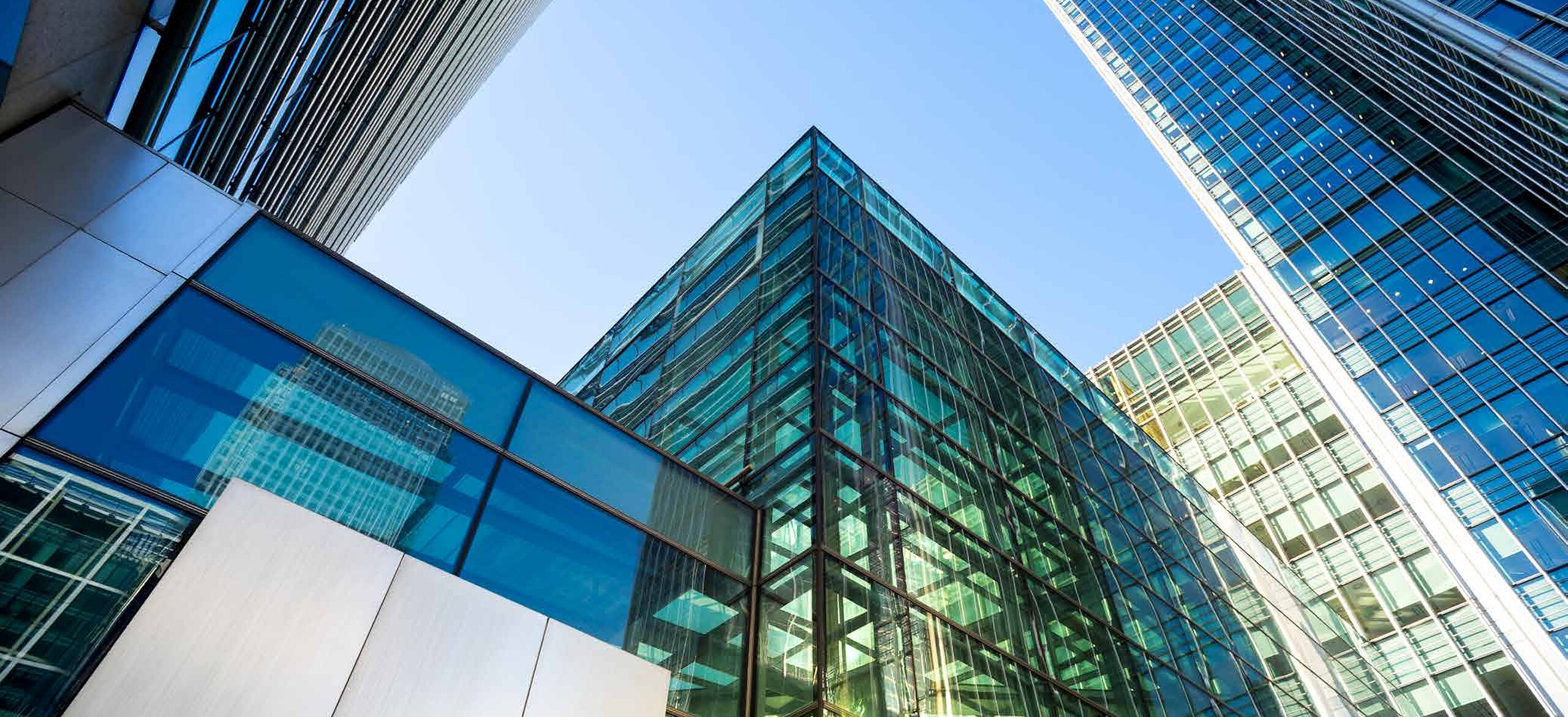 An upward shot of glass buildings during daytime