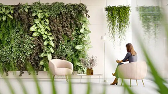 A lady sitting in a lobby decorated with green indoor plants