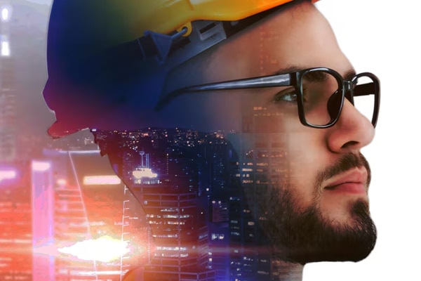 Close up of a man wearing a safety helmet, overlaid on an image of a cityscape