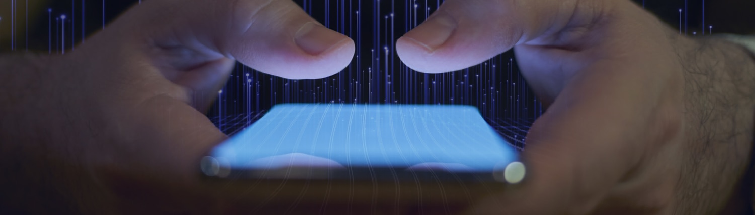 Close-up of a person using a mobile phone, overlaid with OpenBlue graphics