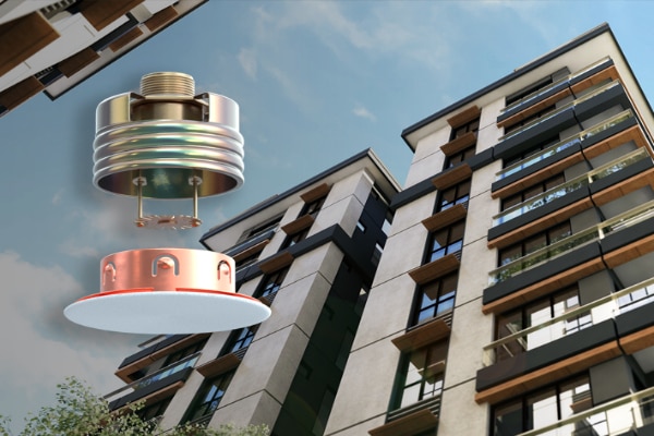 An upward shot of an apartment complex and images of two fire sprinklers