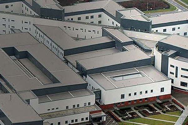 Bird's eye view of the Forth Valley Royal Hospital in Scotland, UK