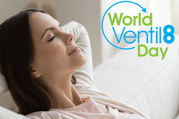 A woman lying back on a sofa with her eyes closed and text reading 'World Ventil8 Day'